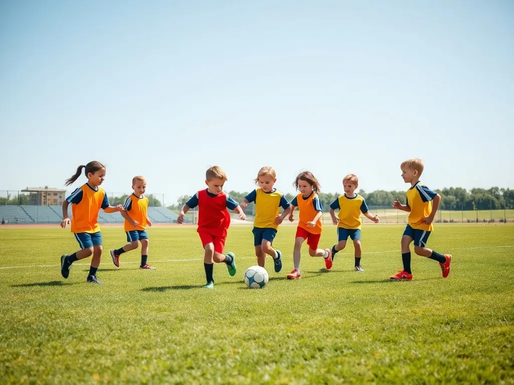 A vibrant image of young children participating in a football training session, showcasing teamwork and active engagement.