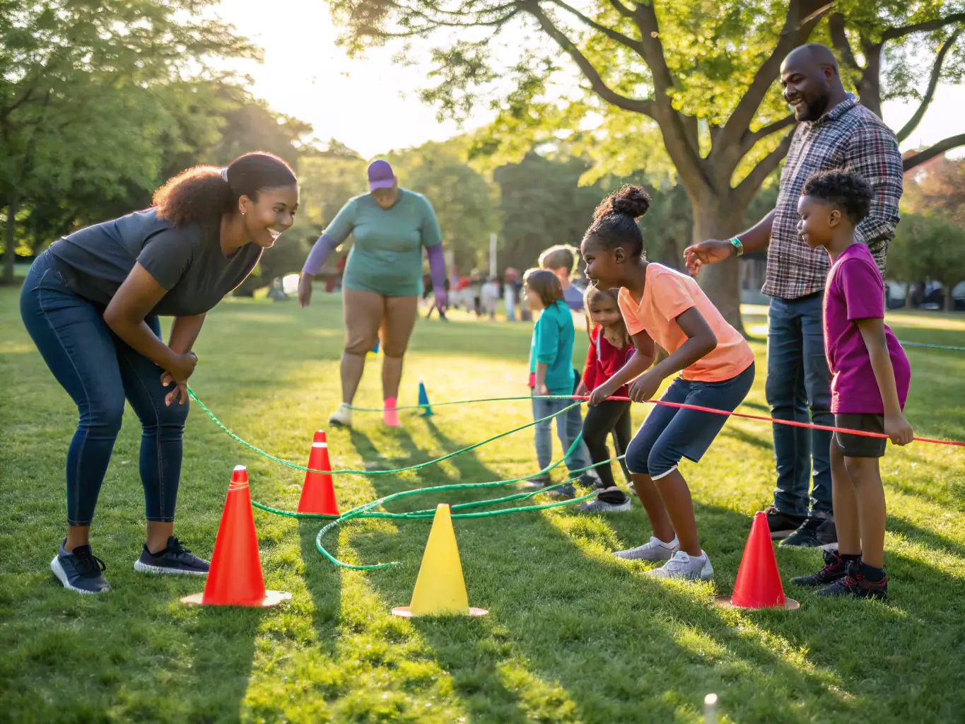 A group of young athletes participating in a team-building exercise outdoors, emphasizing collaboration and problem-solving skills.