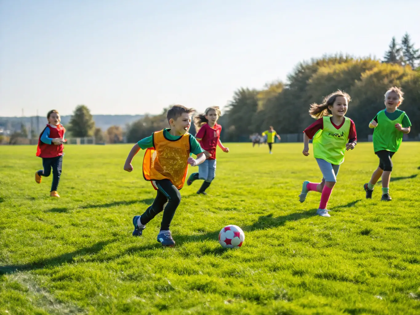 A group of diverse children laughing and playing football together in a local park, symbolizing community spirit and inclusion.