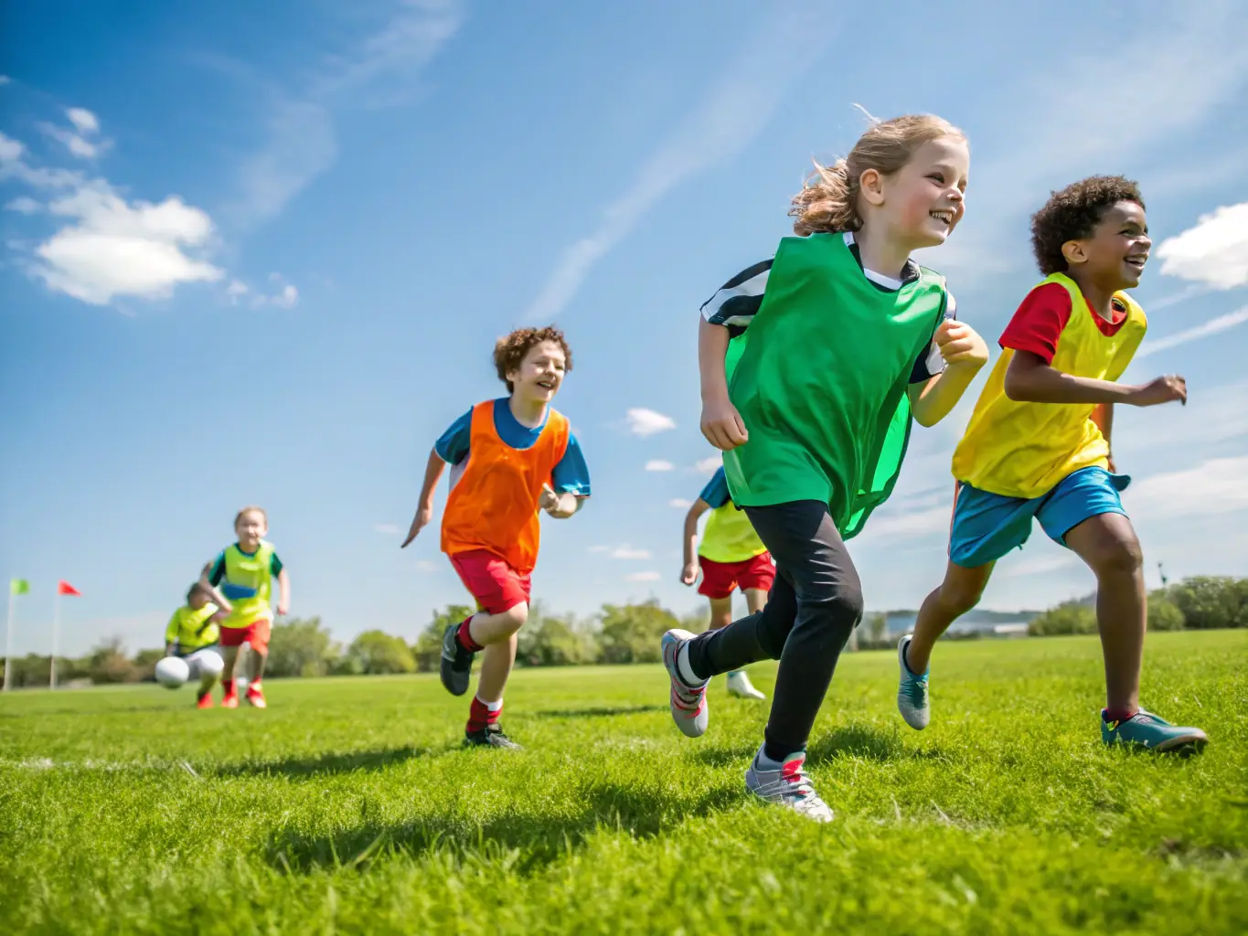 A diverse group of children participating in a CERE ET RANCE FOOT activity, showcasing the organization's commitment to inclusion and equal opportunities.