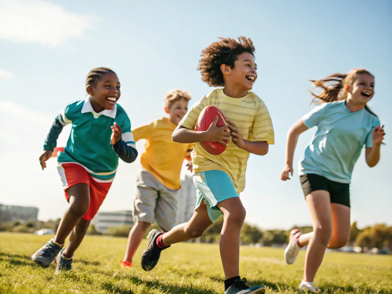 A dynamic image of children participating in a sports event, highlighting the competitive and community-building aspects.