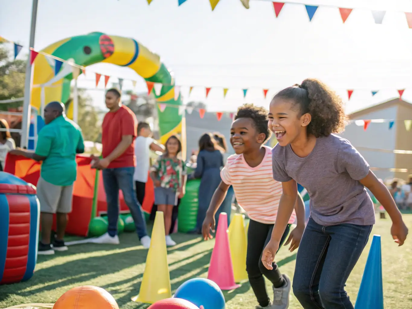 An image depicting children participating in an extracurricular activity organized by CERE ET RANCE FOOT, such as a sports day or community event, showcasing inclusivity and fun.
