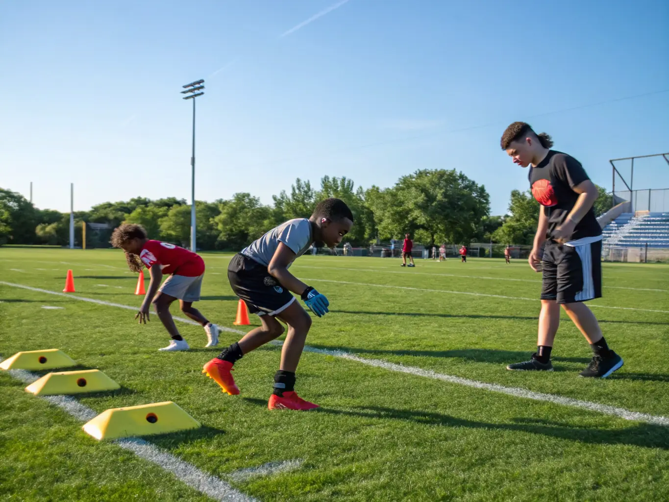A vibrant image of young football players participating in a training session, showcasing teamwork and enthusiasm, set against a backdrop of a sunny football field.