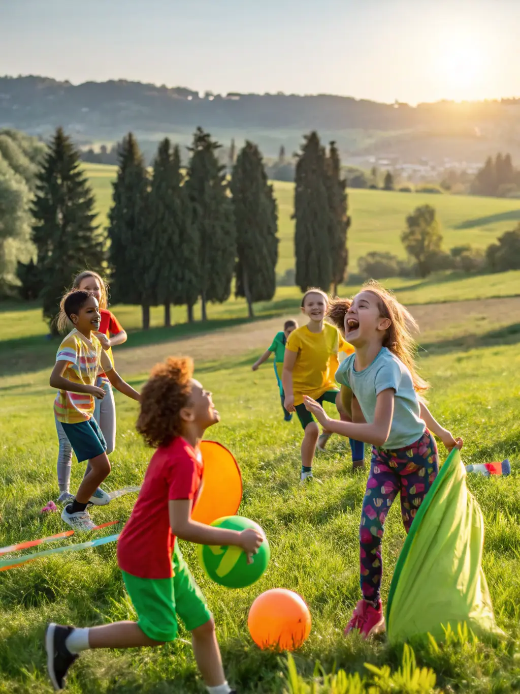 A diverse group of children laughing and interacting during a team-building activity, emphasizing the social development aspect of the program.