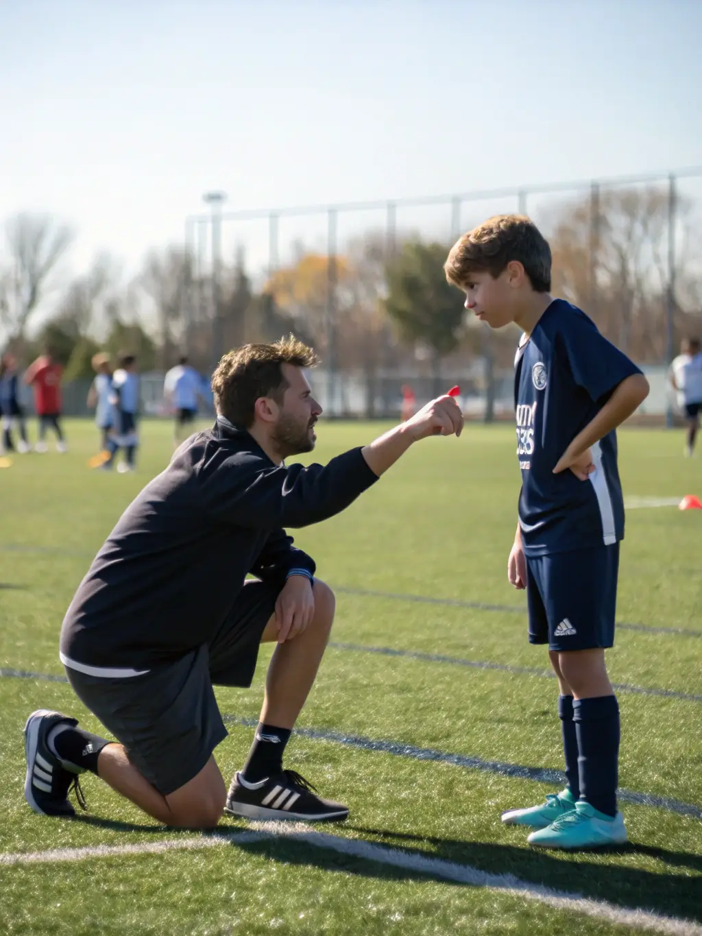 A coach giving encouraging words to a young player, emphasizing the mentorship and personal growth opportunities within the program.