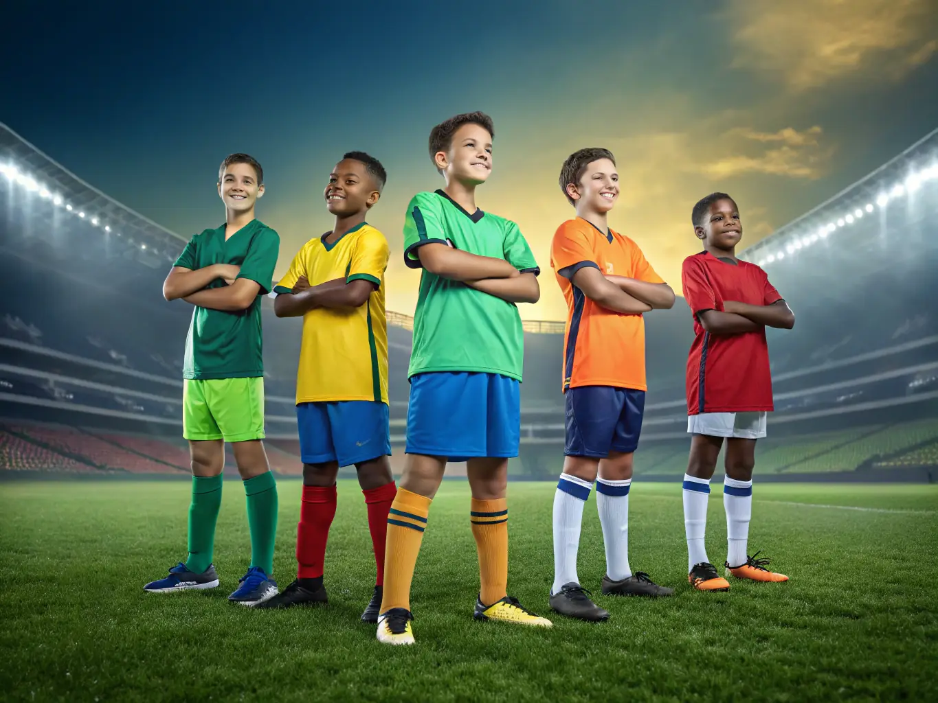 A vibrant image of children and teenagers playing football on a sunny field, showcasing teamwork and enthusiasm.