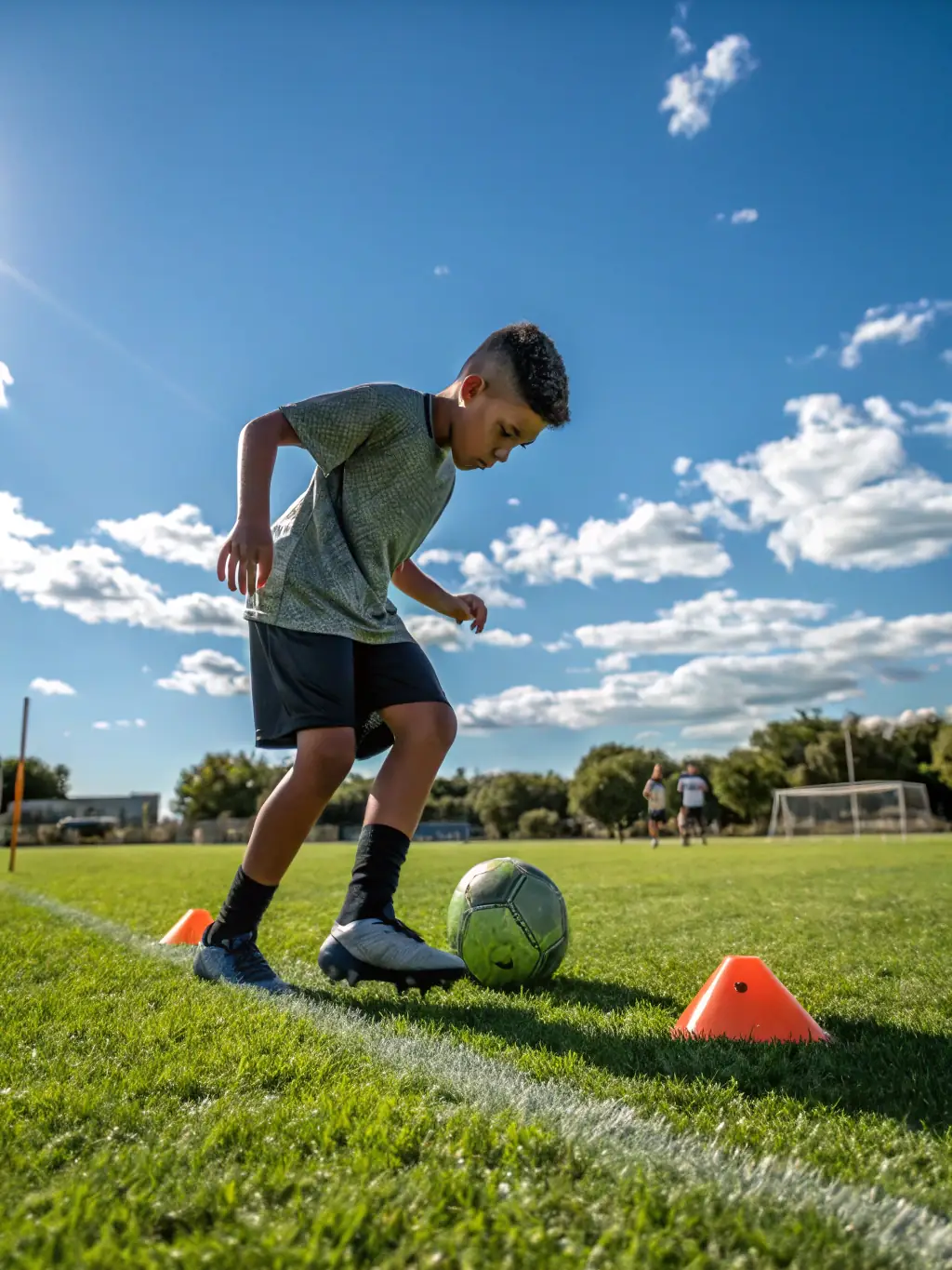 A young athlete dribbling a football with determination, highlighting the physical fitness aspect of the program, with a focus on agility and speed.